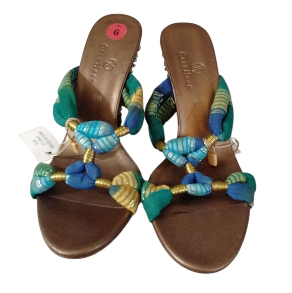 NEW Cole Haan Gemstone Embellished Gold Wedge Sandal - Picture 2 of 11